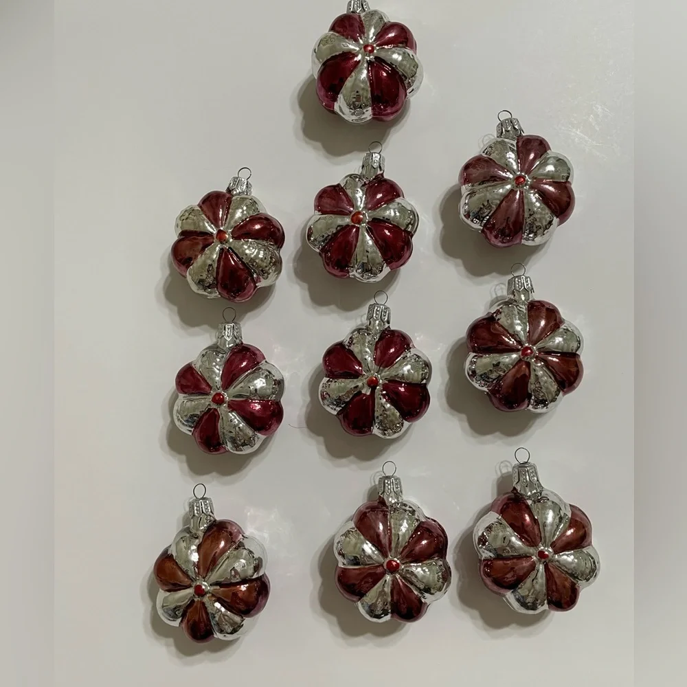 Vintage Set/10 mcm hand blown mercury glass silver red flower ornaments